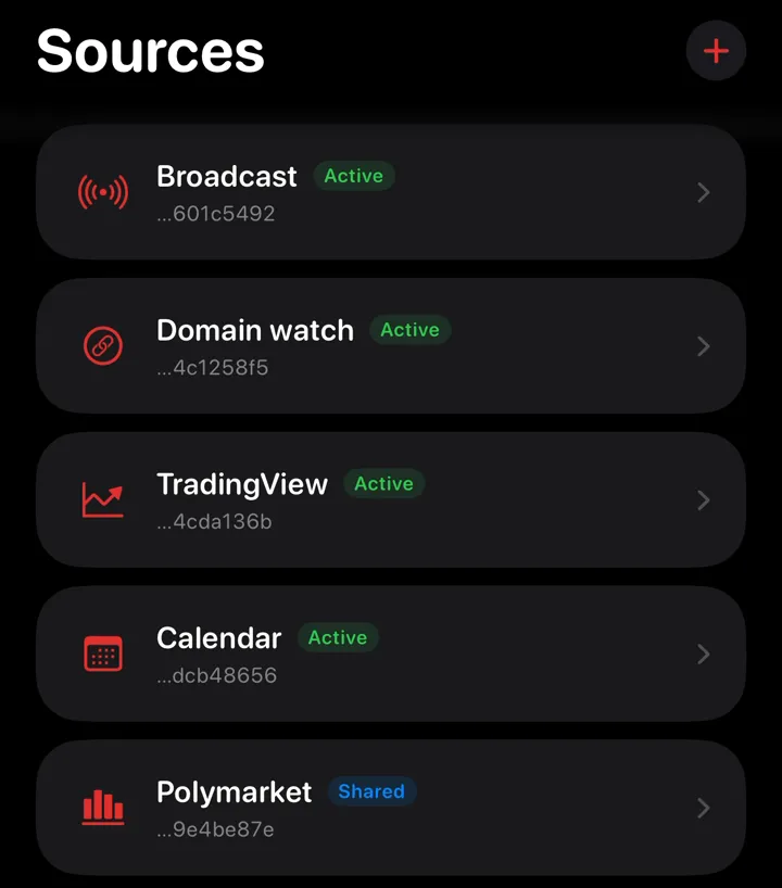 The Sources screen in NotiAlarm: Broadcast, Domain watch, TradingView, Calendar and Polymarket sources
